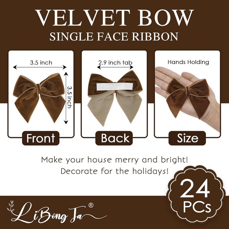 LiBongTa 3.5" Brown Bows Small Velvet Ribbon Bow For Decoration, Self Adhesive Gift Bows, Rustic Bows For Christmas Tree, Treat Bags, Candy Pop, Basket, Party Favor, Craft Bow For Gift Wrapping-24 PCs - Image 2